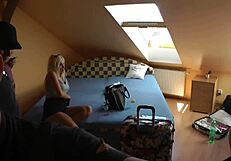 Big dick blowjob threesome party backstage with school skirts, stockings, and high heels