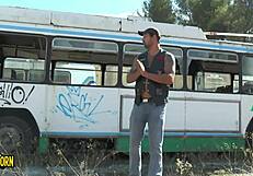 Martyr fucks young brunette with big tits on bus