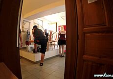 Big dick blowjob threesome party backstage with school skirts, stockings, and high heels