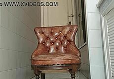 Guy of Big Dick Takes Armchair to Bathroom and Masturbates