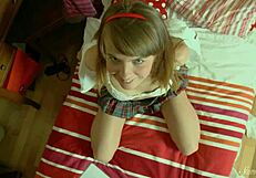 Tiny coed erika takes off her uniform.