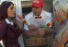 i love these two sexy cheerleaders sucking my big hard cock in a threesome