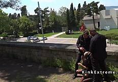 Spanish hottie gangbanged in public!