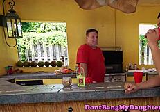 petite teen shares a friendly ride with senior neighbor outdoors