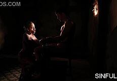 Ebony bound babe takes big cock deepthroat