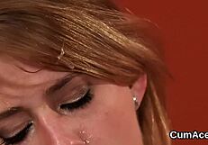 frisky hottie takes sperm shots on her face and swallows all the spunk