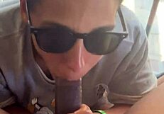 Ebony Step-Sister Gives Blowjob By Window, Gets Facial While Boyfriend Searches