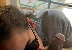 Ebony Step-Sister Gives Blowjob By Window, Gets Facial While Boyfriend Searches