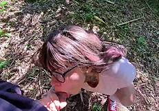 Teen babe skips school for outdoor blowjob in forest