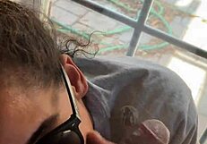 Ebony Step-Sister Gives Blowjob By Window, Gets Facial While Boyfriend Searches