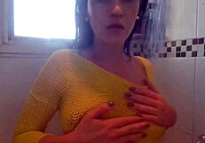 horny slutty girl in bath rubbing tits, showing ass, craving cock in pussy