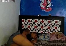 My stepsister lies on my bed, showing her panties and that delicious big ass