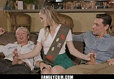 Stepdaughter takes daddy and stepbrother's cocks like a pro.