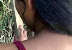 Young girl enters terrain to fuck in bush