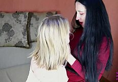 stunning brunette turns her blonde friend into a lesbian lover