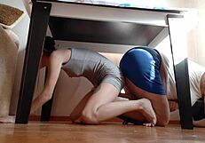 we hide under the table from our stepmother to rub our pussies - lesbian illusion girls