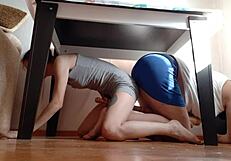 we hide under the table from our stepmother to rub our pussies - lesbian illusion girls