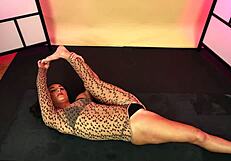 hot yoga session in leopard bodystocking with stretching and cameltoe