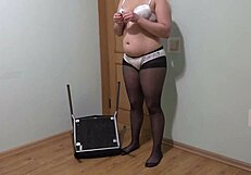 Girl intensely masturbates with chair leg in anal and hairy pussy