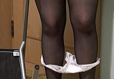 Girl intensely masturbates with chair leg in anal and hairy pussy