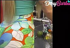 Blonde slut teases in market with tiny shorts, hiding her wild side