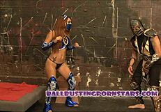 mortal kombat cosplay with crystal lopez as kitana and scorpion in femdom ballbusting scene