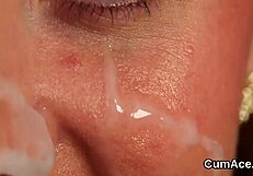 Sexy idol gets cumshot on her face swallowing all the spunk.
