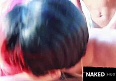 Ebony baddies share big dicks in pool