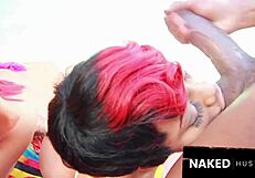 Ebony baddies share big dicks in pool