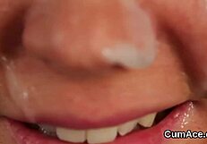 Sexy idol gets cumshot on her face swallowing all the spunk.