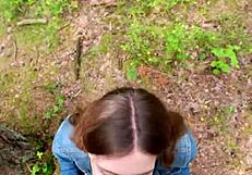 Petite brunette deepthroats and swallows cum outdoors after home fuck