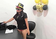 the hot office worker prepares an anal plug to play with her horny buttocks