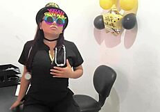 the hot office worker prepares an anal plug to play with her horny buttocks