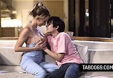 i'm hot milf stepmom pristine edge, seducing and fucking my stepson on the sofa