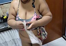 Chubby stepmother with big tits fucked by stepson in kitchen