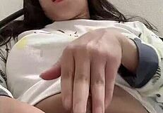 Shemale puts hair clamp on her cock while masturbating in this solo session