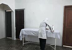 that perverted doctor is fucking the patient while her husband waits outside