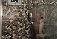 Cleo Cadillac's muscular friend fucks her hard in bathroom POV