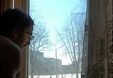 Helga bosk risky sex by the window people walking by