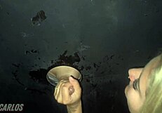 me and my redhead friend sucking deliciously at glory hole in swing house while cuckold films