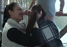 Suck him together on vacation in public threesome blowjob!