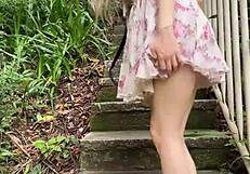 Asian girl masturbates and squirts while exposing herself on the mountain