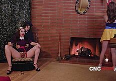 in the snowy realm, freeuse queen and snowhite fuck the lucky elf passionately