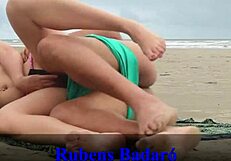 Hey, this couple disguises as bathers and fucks wildly on the beach sand