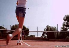 Passionate tennis lesbians masturbate with toys on court