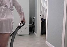 a home camera watches mature housewife with thick ass under short robe and big boobs chubby milf behind the scenes pawg