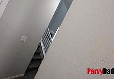 the step daughter starts teasing, then pleases on her knees