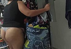 sexy stepmother cleans bedroom in thong for stepson