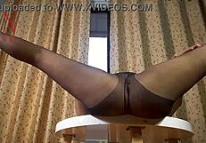 Nice Lady In Pantyhose And Heels Striptease At The Round Table 33