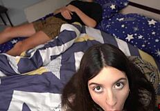 I fuck my girlfriend on the same bed next to her stepdad - risky sex!